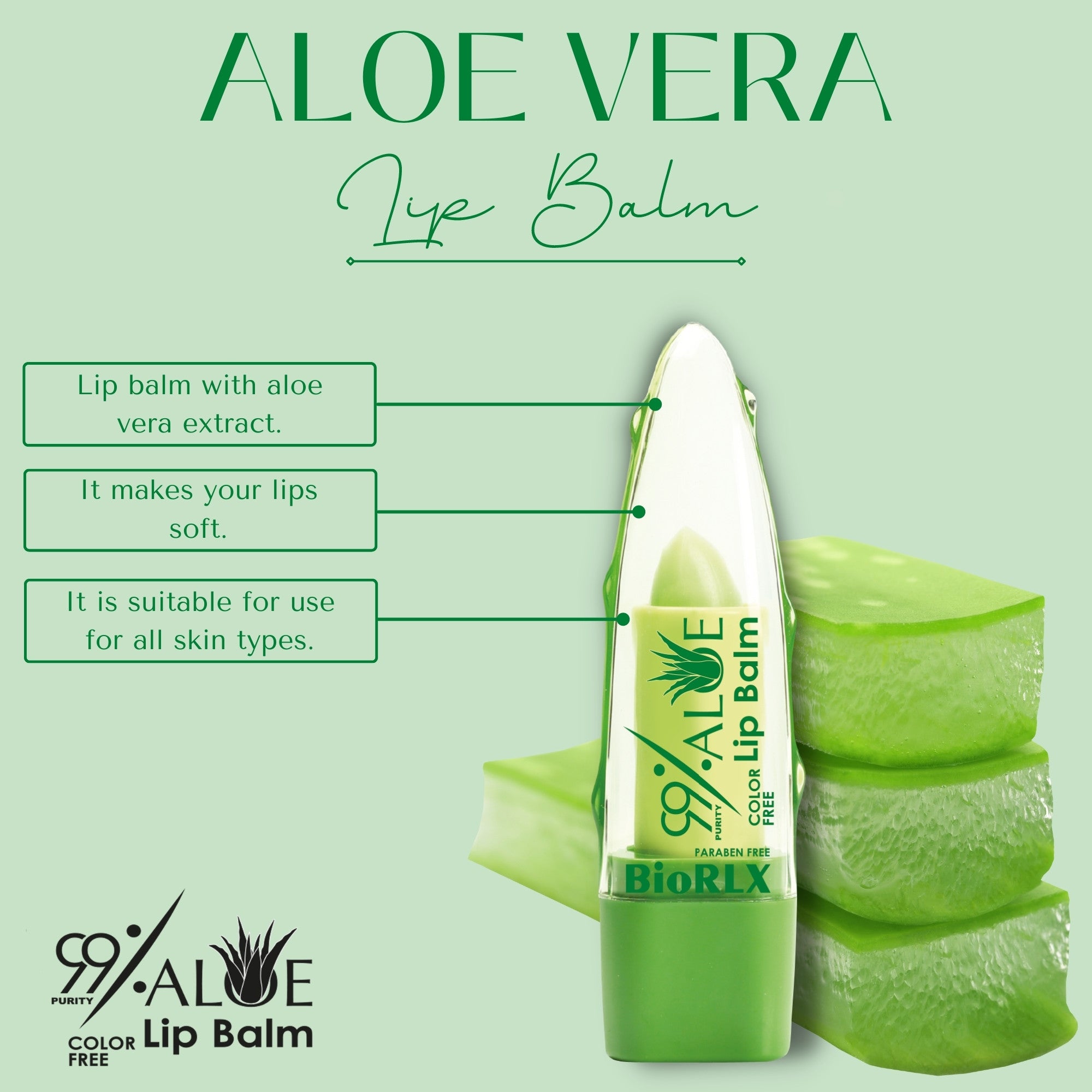 BioRLX 99% Purity Aloe Vera Color Free Lip Balm