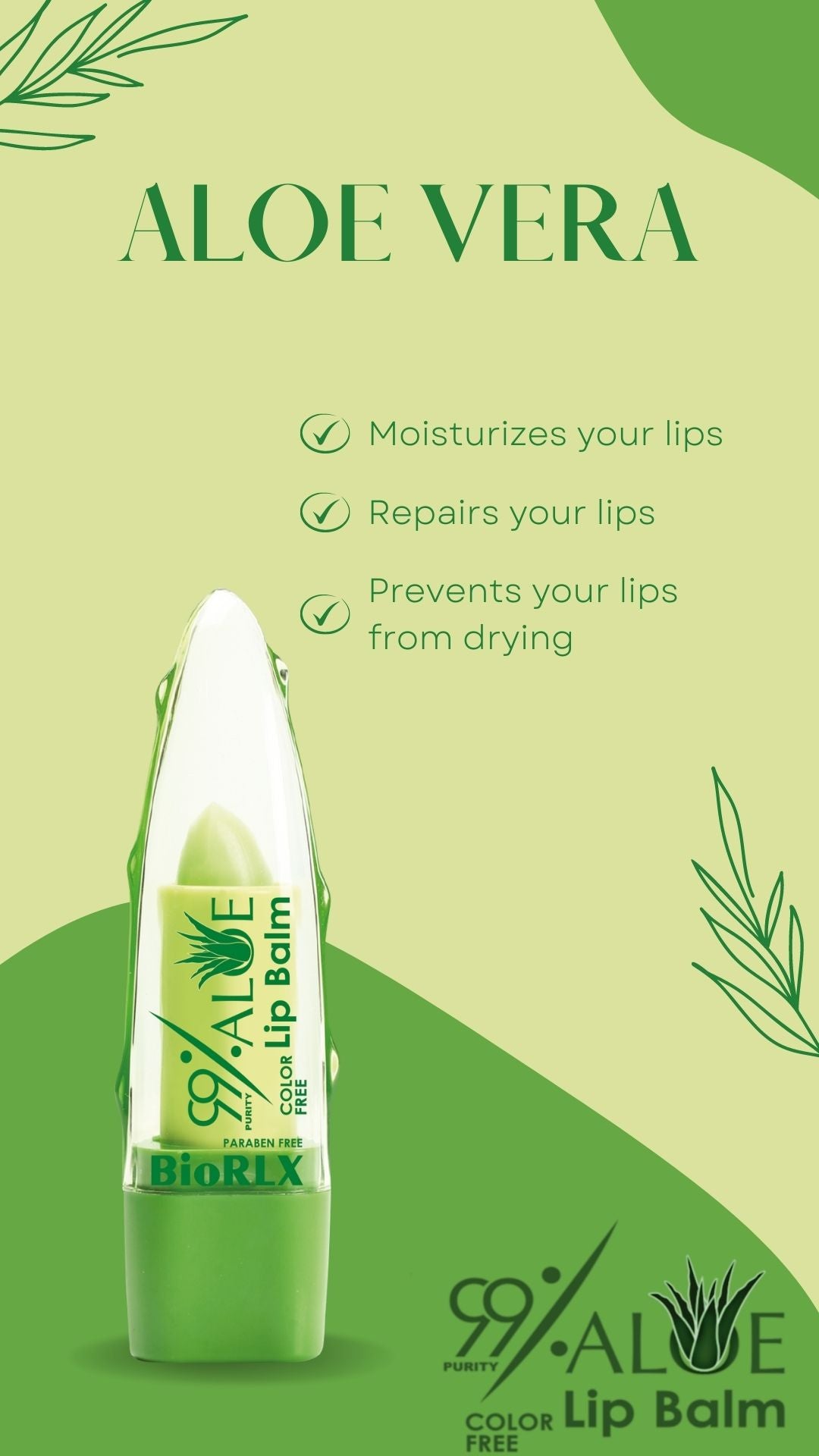 BioRLX 99% Purity Aloe Vera Color Free Lip Balm